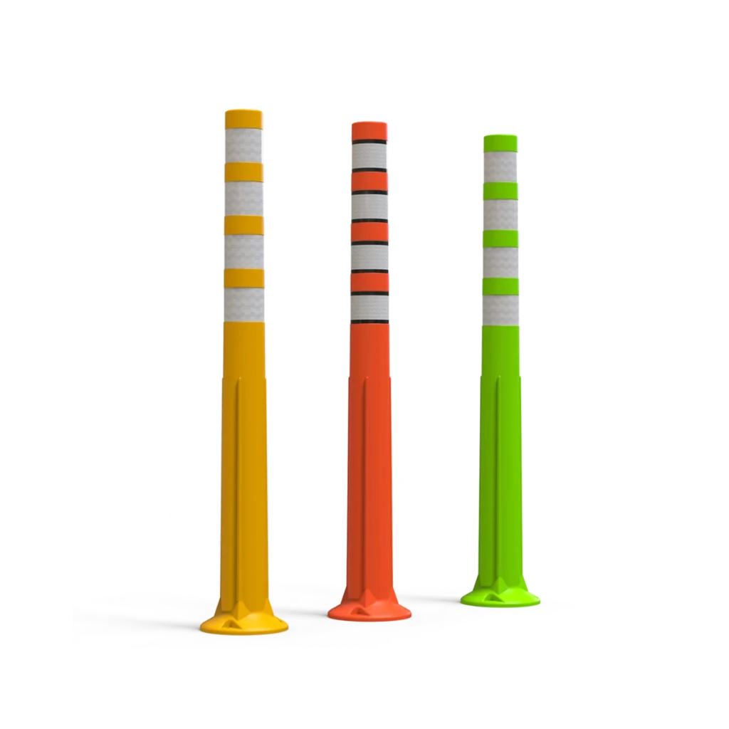 El poste abatible es perfecto para señalizar y canalizar ciclovías. Sus propiedades flexibles lo hacen resistente a los impactos.