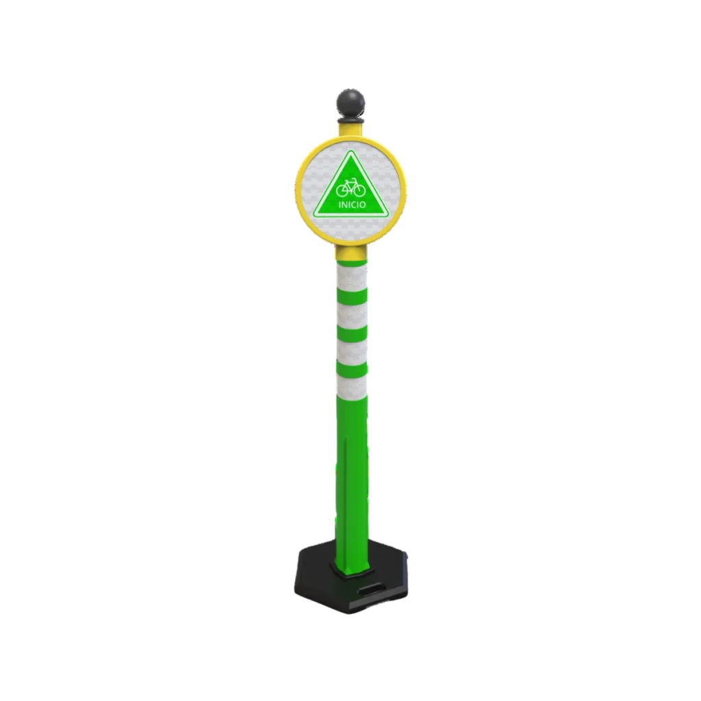 El poste con mensaje informativo ayuda a demarcar, delimitar y guiar de manera efectiva el tránsito en ciclovías y bifurcaciones.
