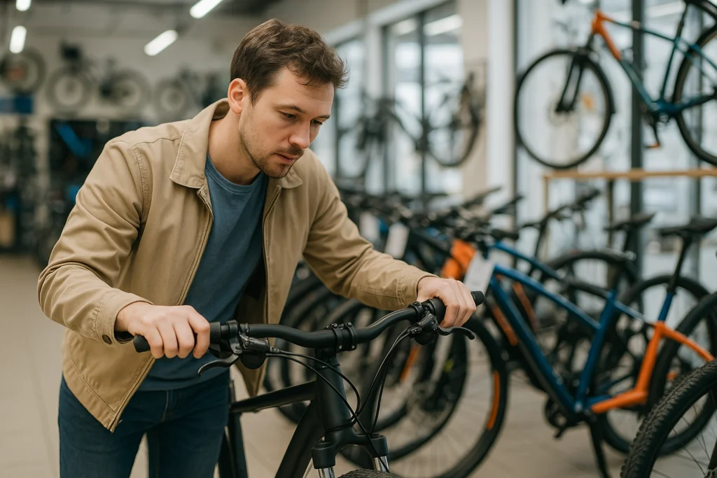 Hombre probando una bicicleta en tienda especializada, evaluando tamaño y comodidad para elegir el modelo ideal en ciclopistas urbanas o rutas recreativas.
